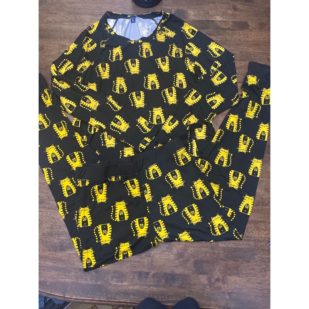 UK2LAWomen Pajama Set Black Yellow Cat Print Long Sleeve Top Jogger Pant Size XL